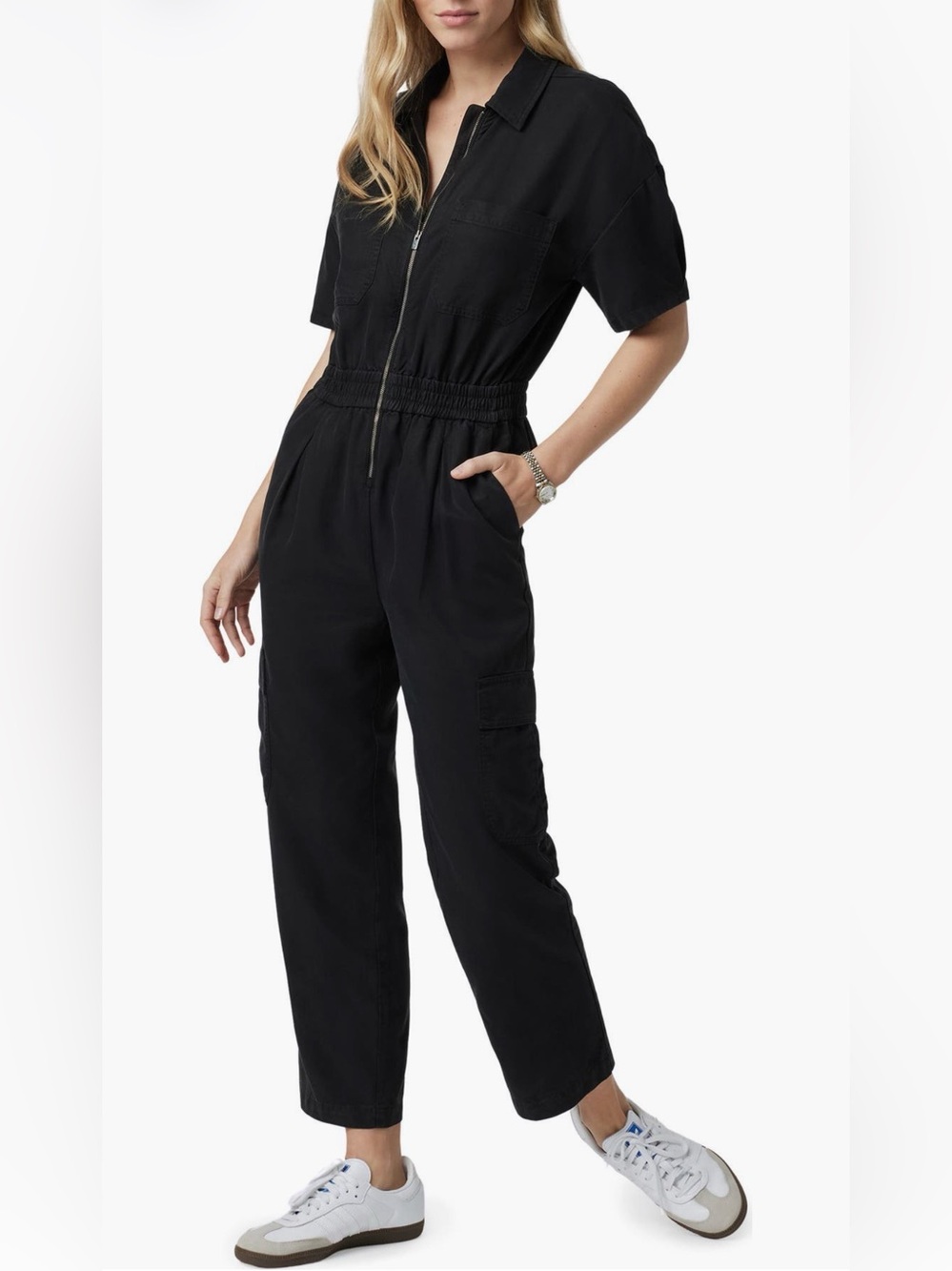 Vuori Coastline Black Lyocell Front Zip Utility Jumpsuit Medium Cargo 25” Inseam - Picture 4 of 5